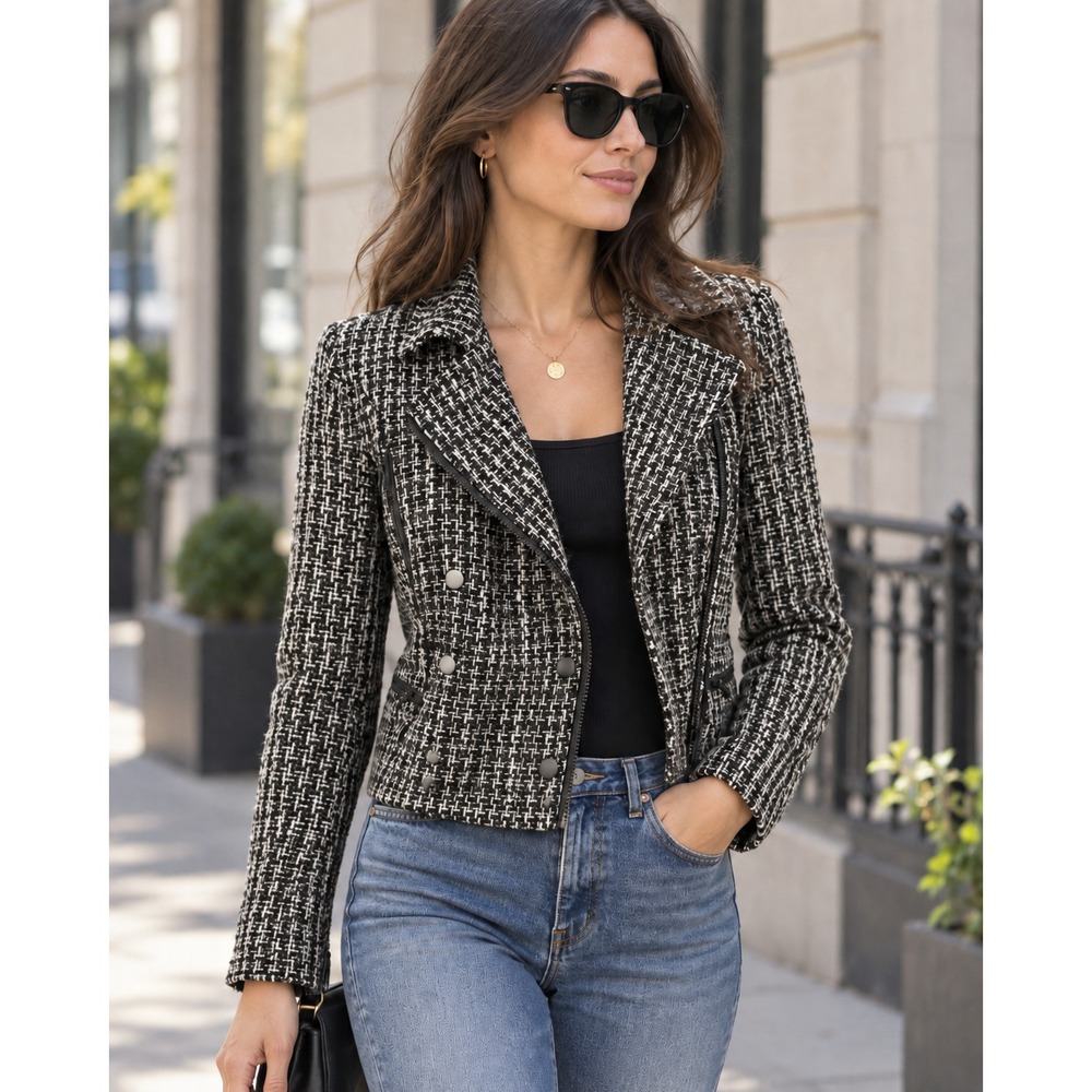 Revolve x House of Harlow Tweed Moto Zip Cropped Jacket XL Blk Wht Biker Chic - Picture 1 of 16